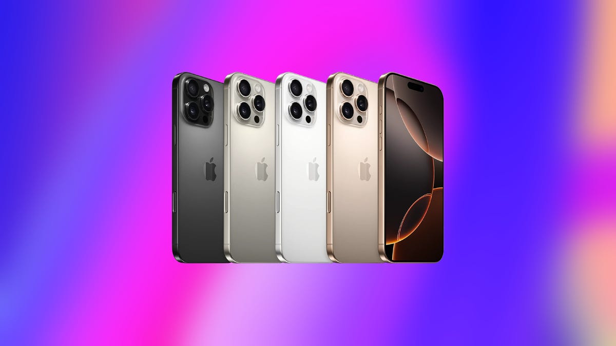 The iPhone 16 Pro Max in four different colors against an abstract blue and pink background.