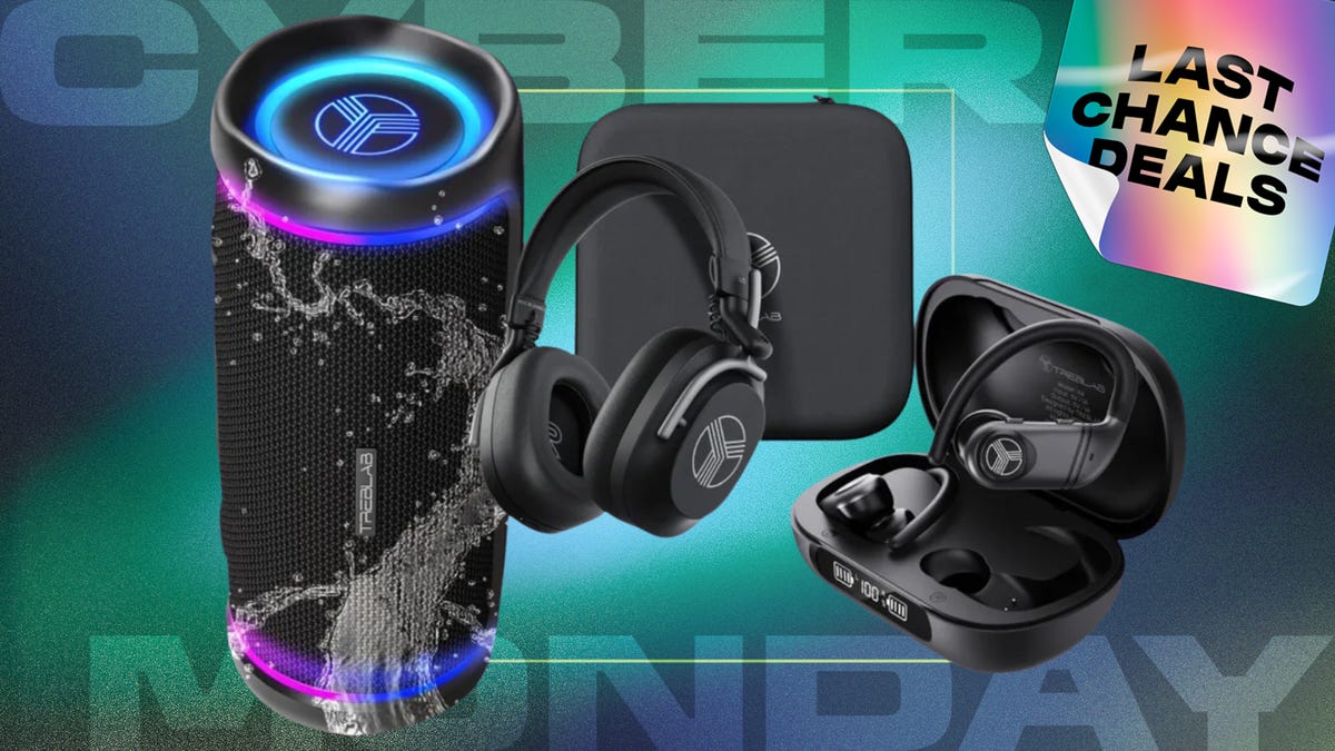 Treblab headphone, earbud and speaker on purple background