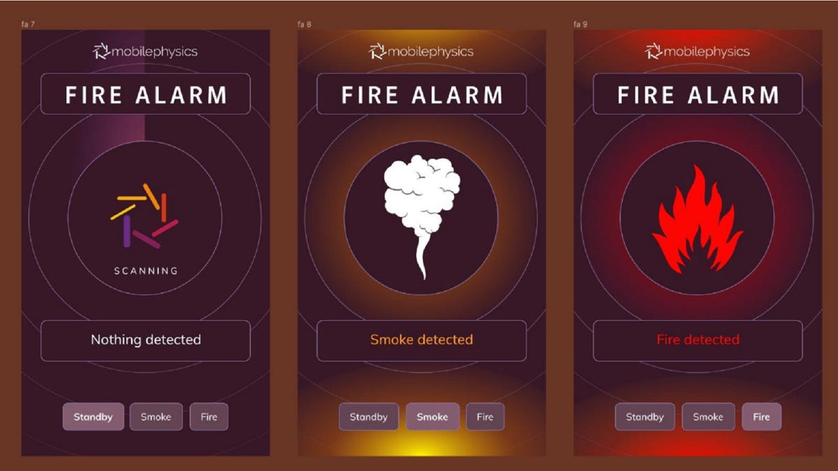 A trio of app screens showing what the Mobile Physics app looks like, showing the differences between nothing detected, smoke detected and fire detected screens look like.