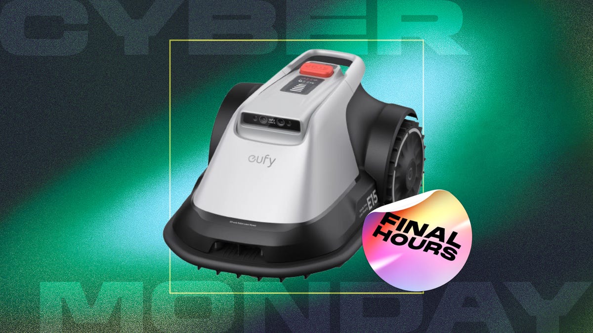 The E18 Eufy robot lawn mower is displayed against a gradient green background.