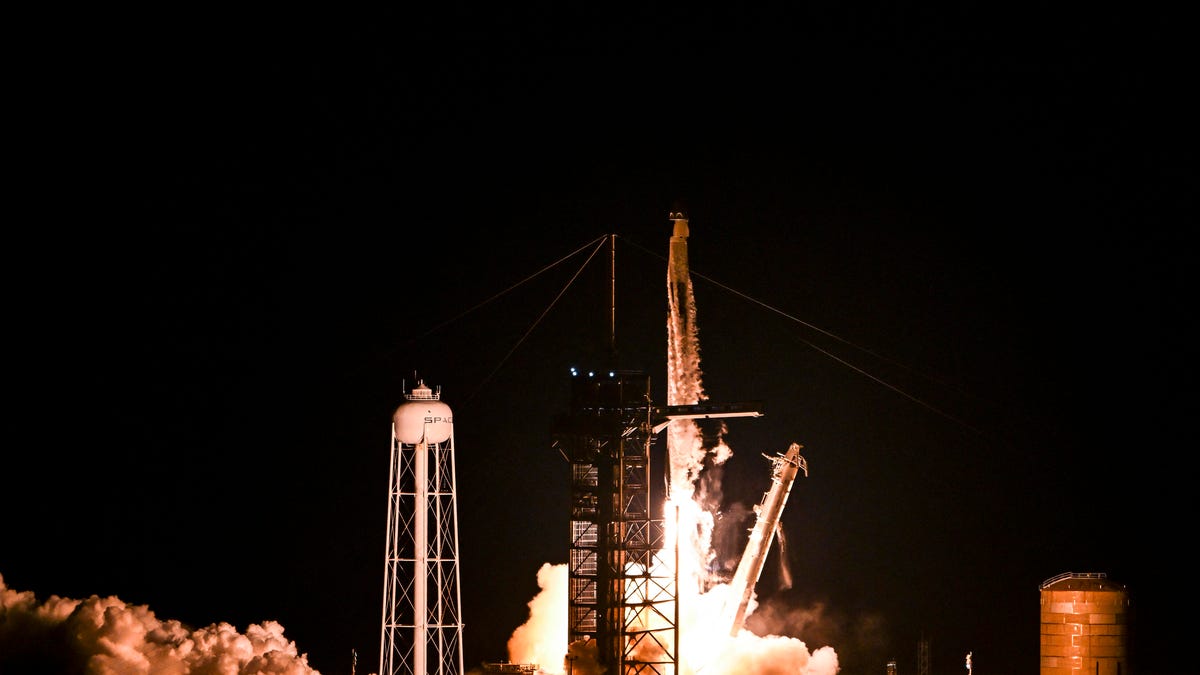 SpaceX Falcon 9 rocket with the Crew Dragon Resilience capsule, carrying the crew of the Polaris Dawn Mission, lifts off from Launch Complex 39A at Kennedy Space Center in Cape Canaveral, Florida