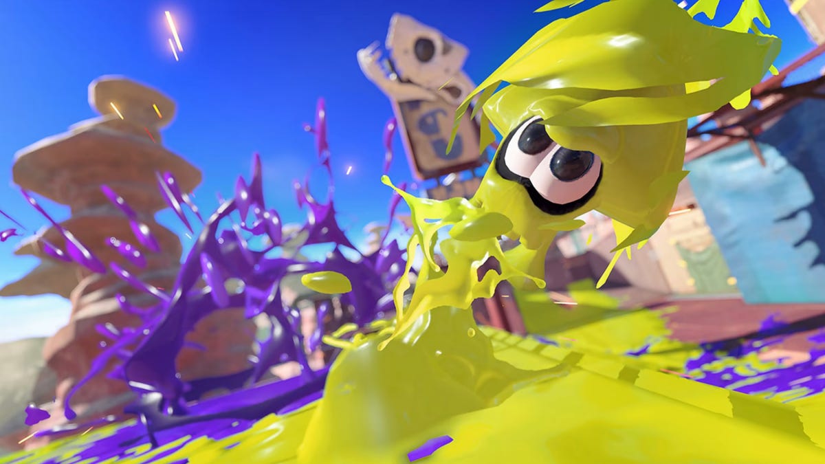 A yellow Inkling does a squid roll in Splatoon 3