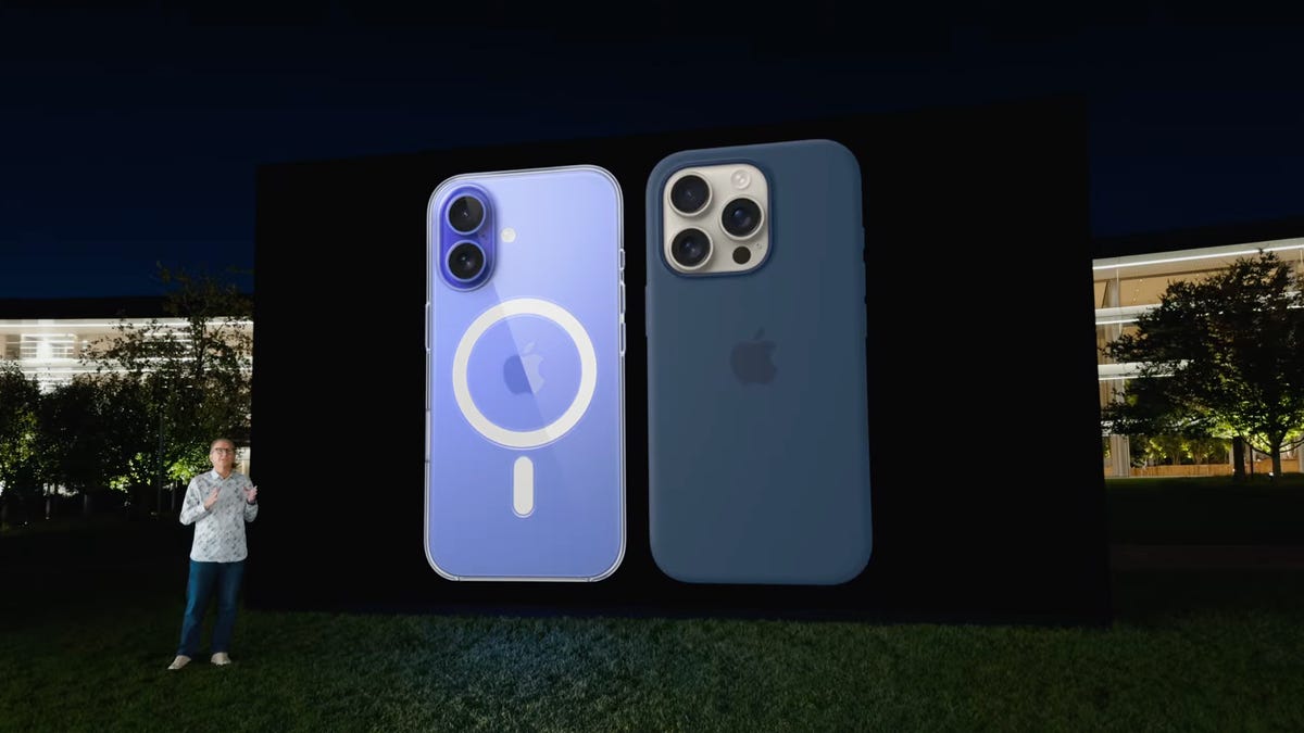 Screenshot of Apple presentation showing iPhone and iPhone 16 Pro with cases