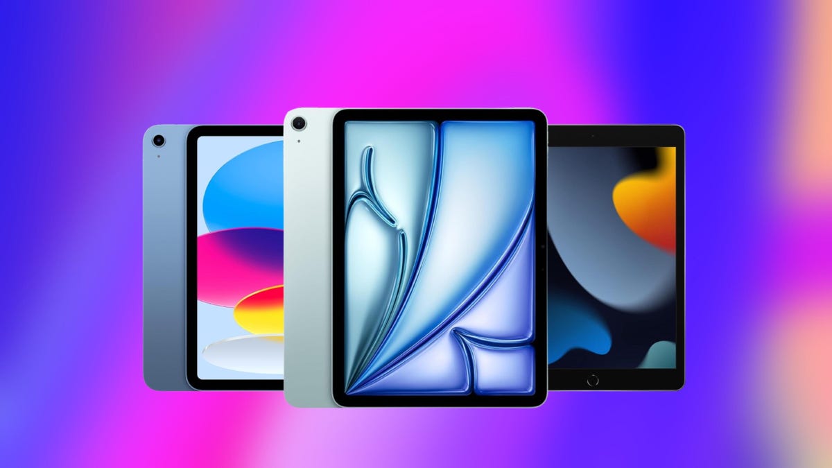 Three different iPad models against an abstract pink and blue background.
