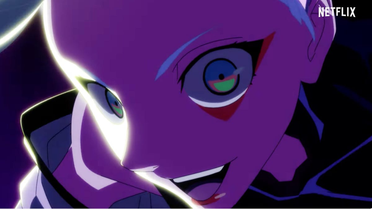 Closeup of a character's face from Cyberpunk: Edgerunners