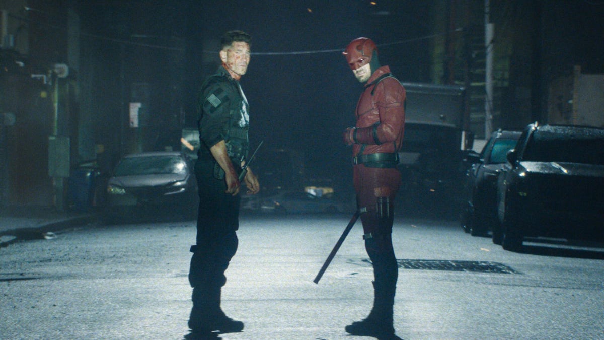 the punisher and daredevil stand in the street in marvel's daredevil born again