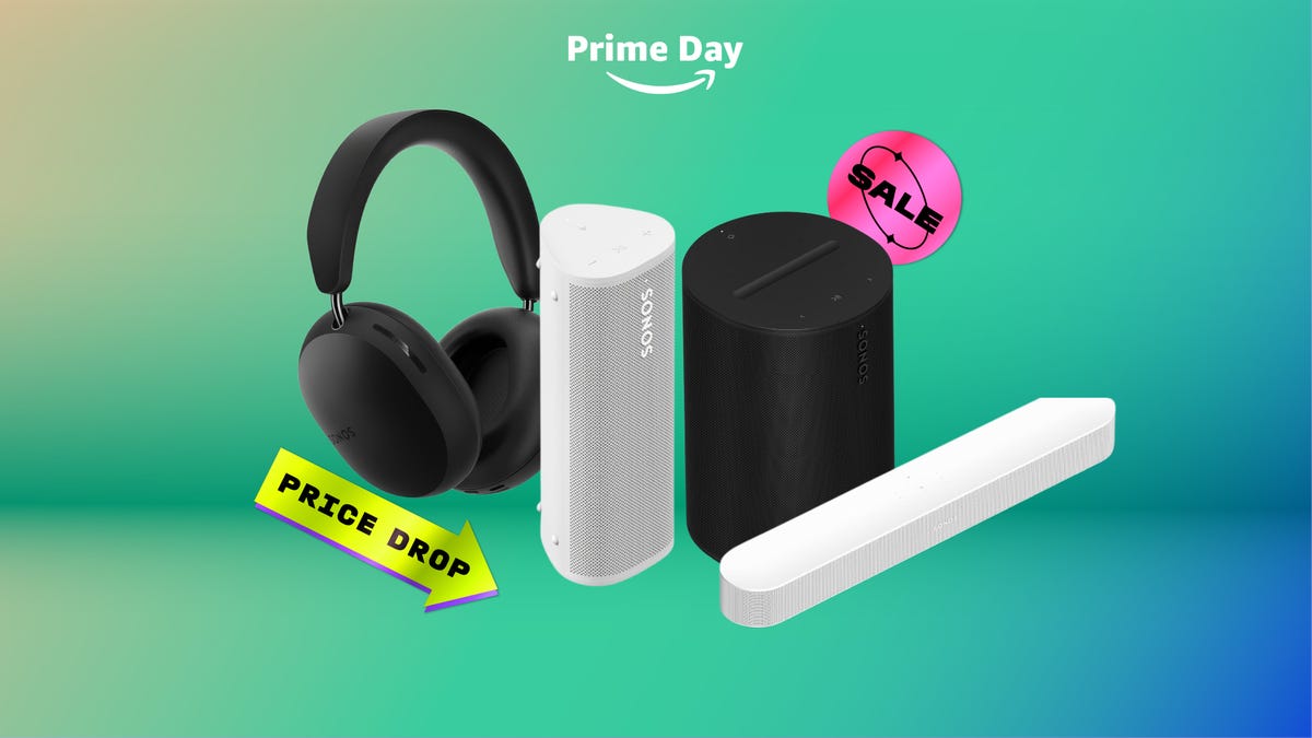 Five black Sonos speakers against a yellow gradient CNET background.