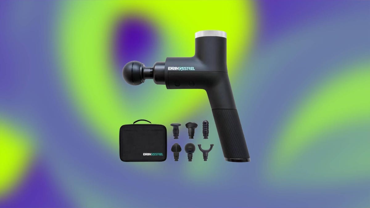 The Ekrin Athletics Kestrel Massage Gun with six attachments and carrying case over an abstract light blue, neon green and dark purple background.