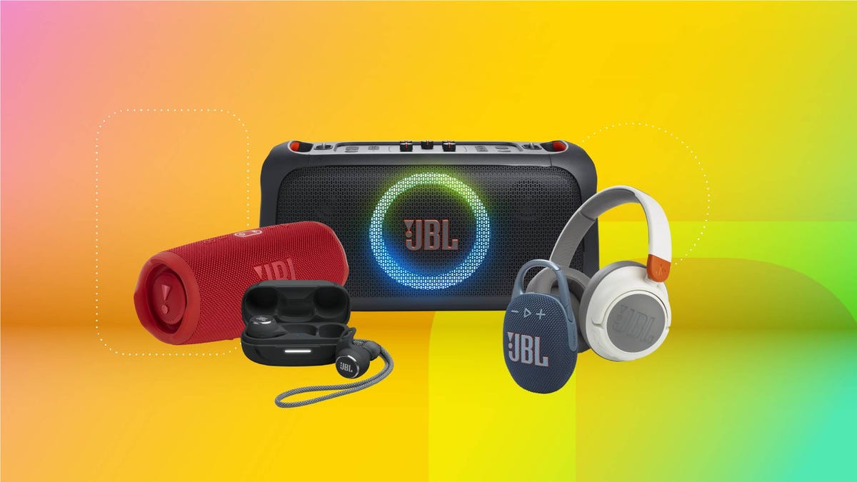 Speakers, headphones and earbuds against a yellow gradient CNET background.