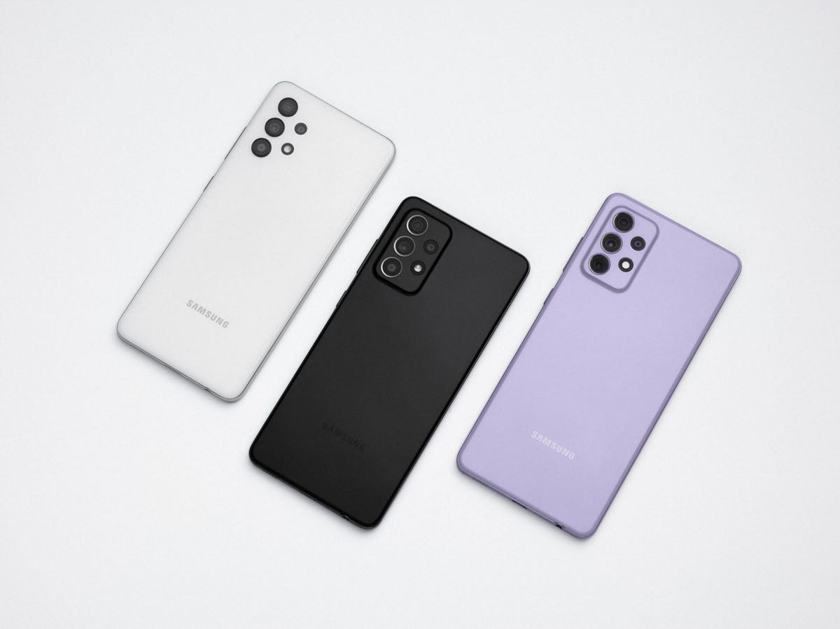 Galaxy A52 and A72 phones in white, black, and violet
