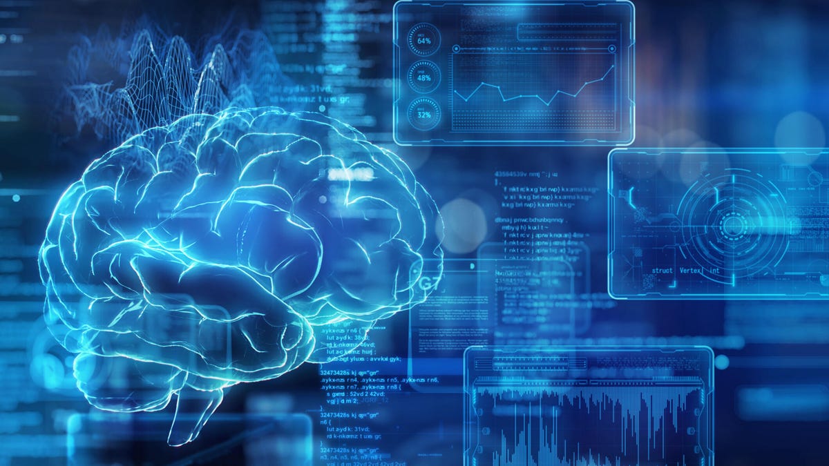 Illustrated collage showing the outlines of a human brain and various computer interface windows. Everything glows blue while floating against a dark background.