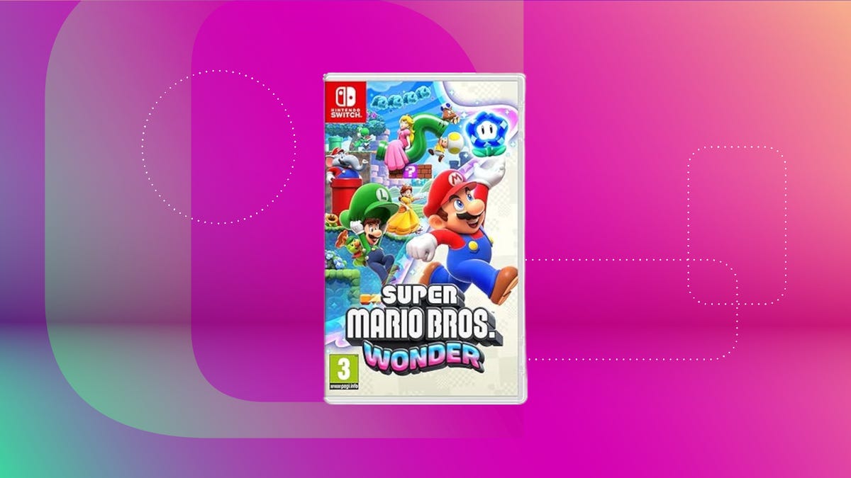 Shows the Super Mario Bros Wonder cas on a purple background.