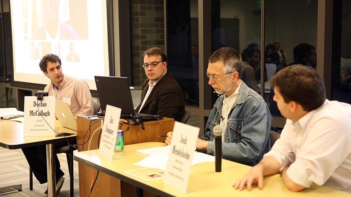 At CNET headquarters this evening, from left: EFF's Dan Auerbach, CNET's Declan McCullagh, CDT's Jim Dempsey, and Engine Advocacy's Josh Mendelsohn.