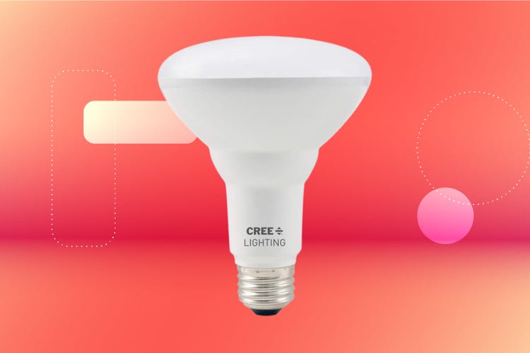 A white Cree floodlight bulb against a red CNET background.