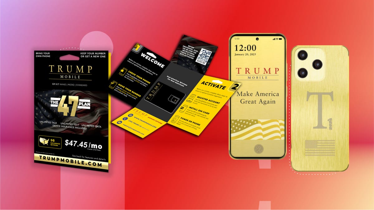 A collage of the gold T1 phone next to packaging for the 47 Plan