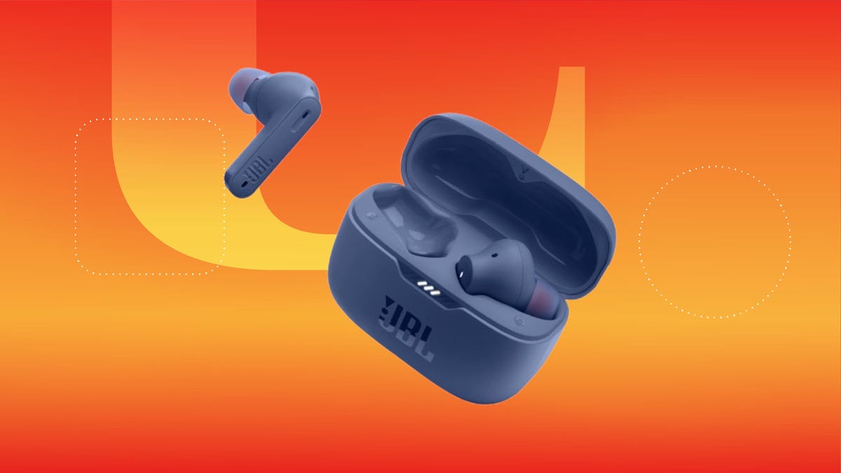 Shows the JBL earbuds on an orange background.