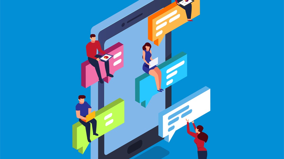 Illustration of five people chatting online on blue background