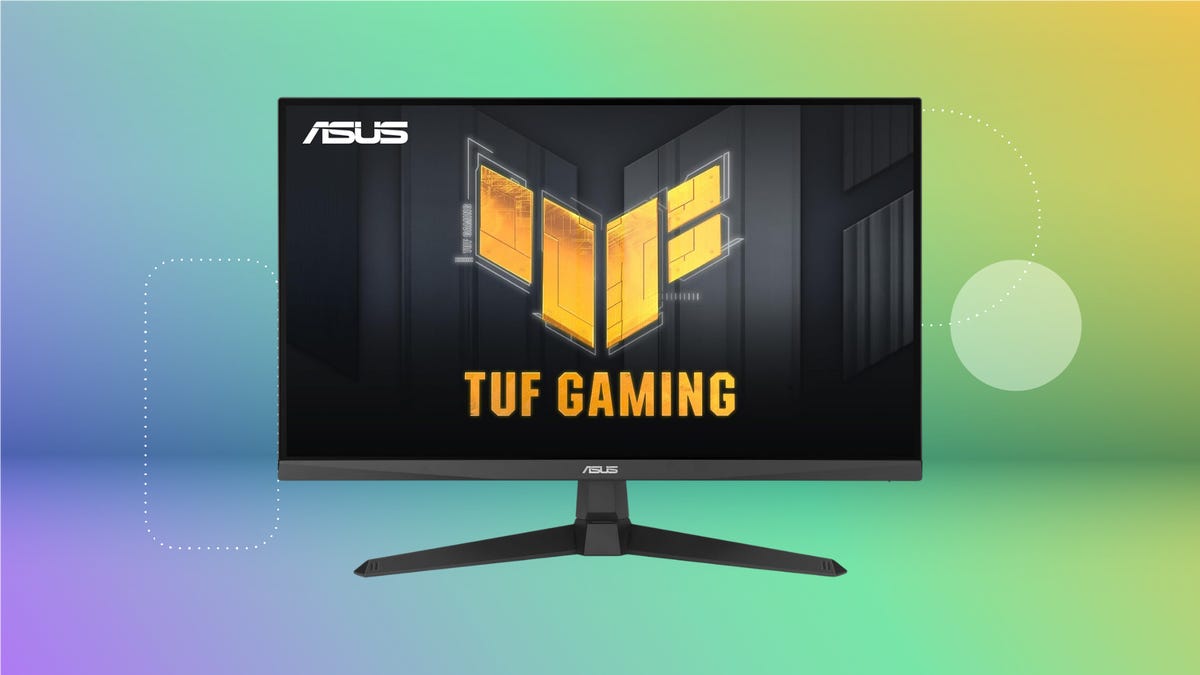 The 27-inch Asus TUF gaming monitor is shown on a gradient purple, green and yellow CNET background.