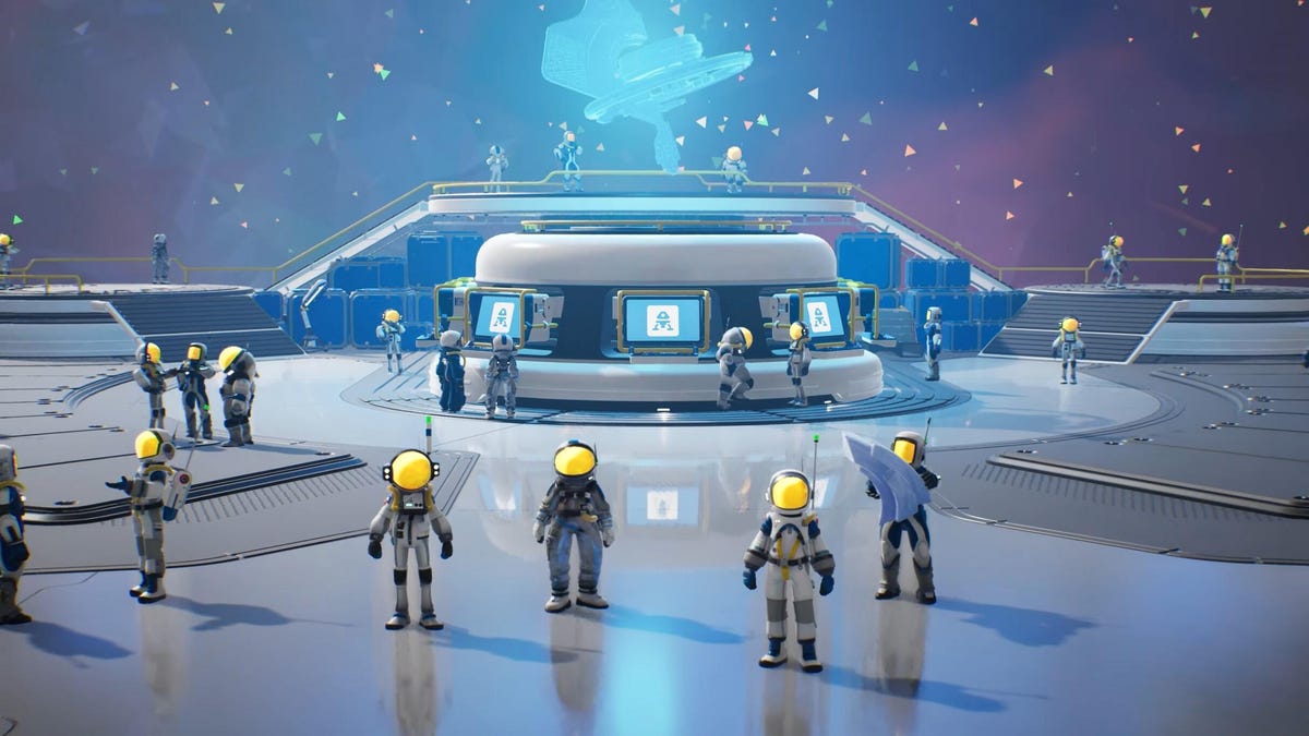 A screenshot from a trailer of cute cartoon astronauts standing in a space station.