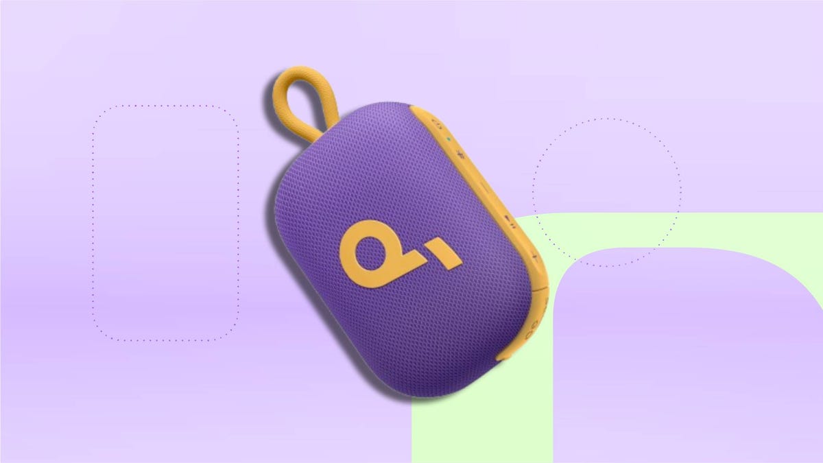 Purple bluetooth speaker on a lilac CNET background.