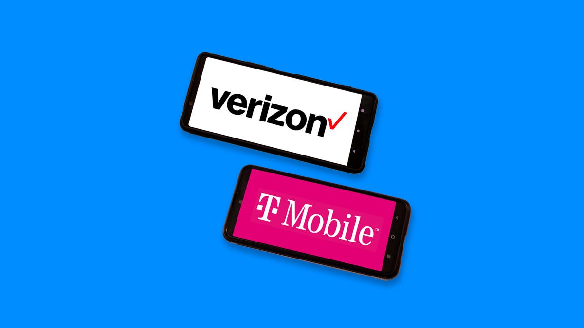 Verizon, T-Mobile logos on phones.