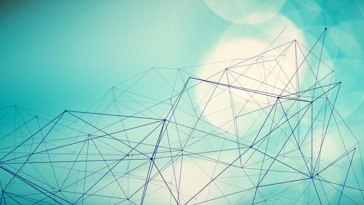 Abstract photo-illustration shows a geodesic structure curving from the lower left back into the distance in the upper right. The blue-green background is spangled, like an out-of-focus shot of a glittering lake.