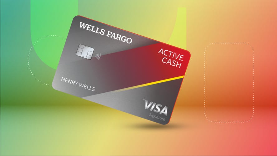 The Wells Fargo Active Cash against a sherbet colored CNET Money background
