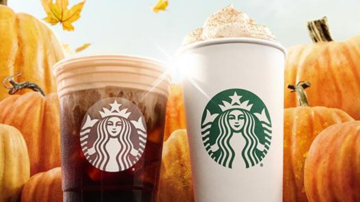 Cups of Starbucks pumpkin cream cold brew and pumpkin spice latte, with pumpkins in the background