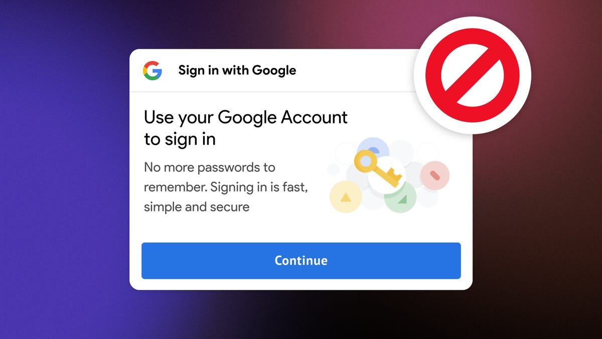 A Google sign-in pop-up that has a red circle with a diagonal slash through it