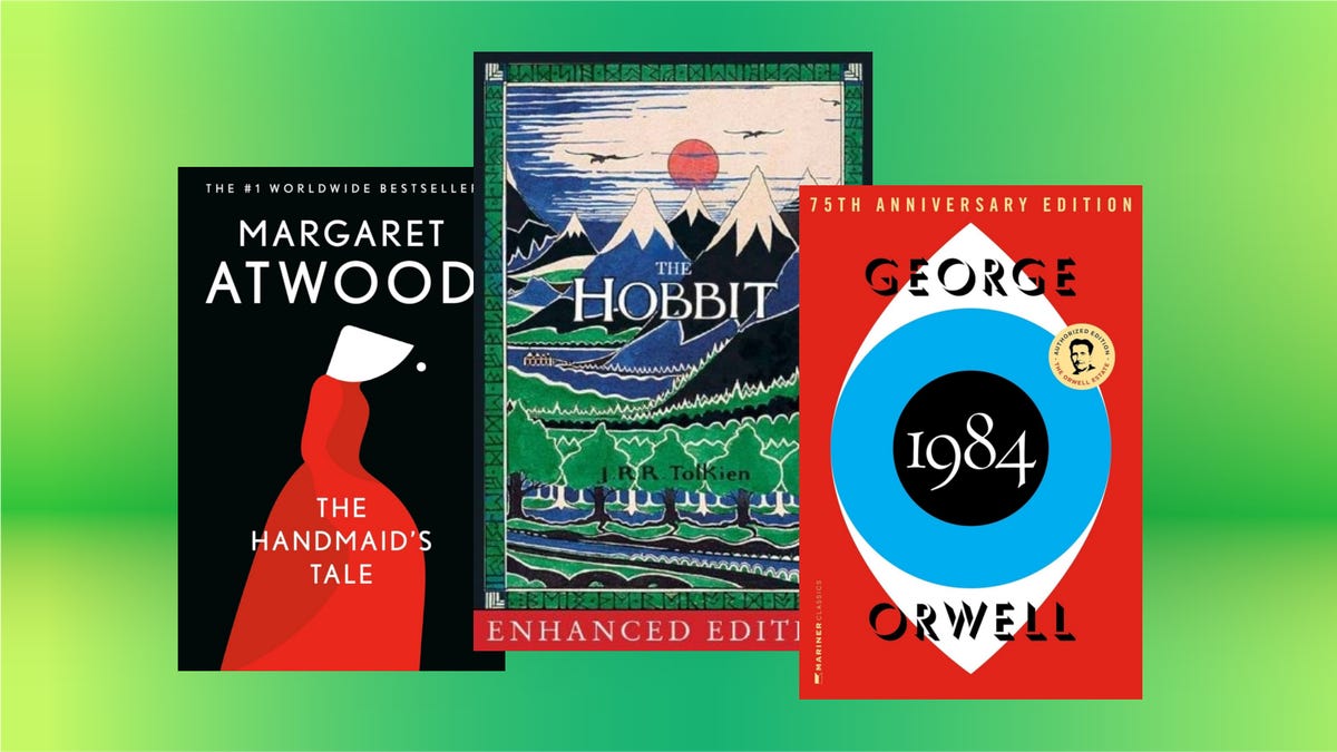 The Handmaid's Tale, The Hobbit and 1984 on a green background