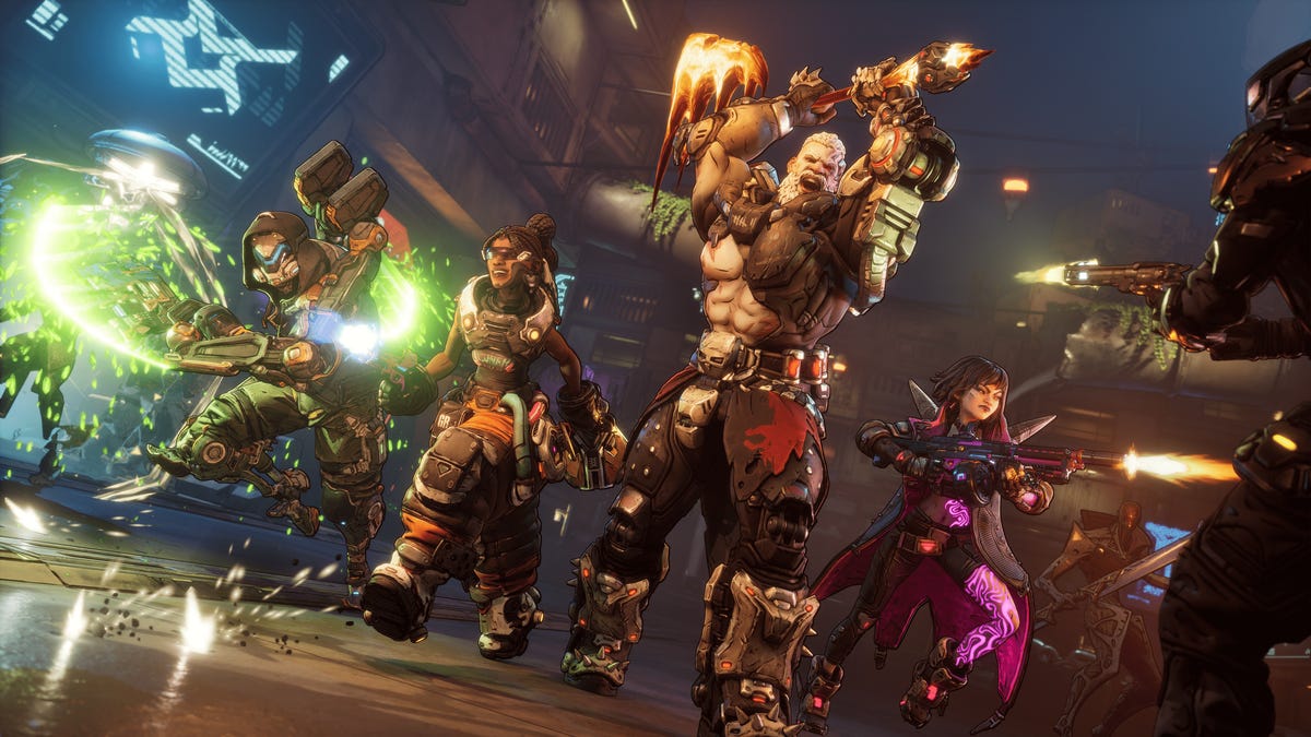 Action shot with all four Borderlands 4 vault hunters.