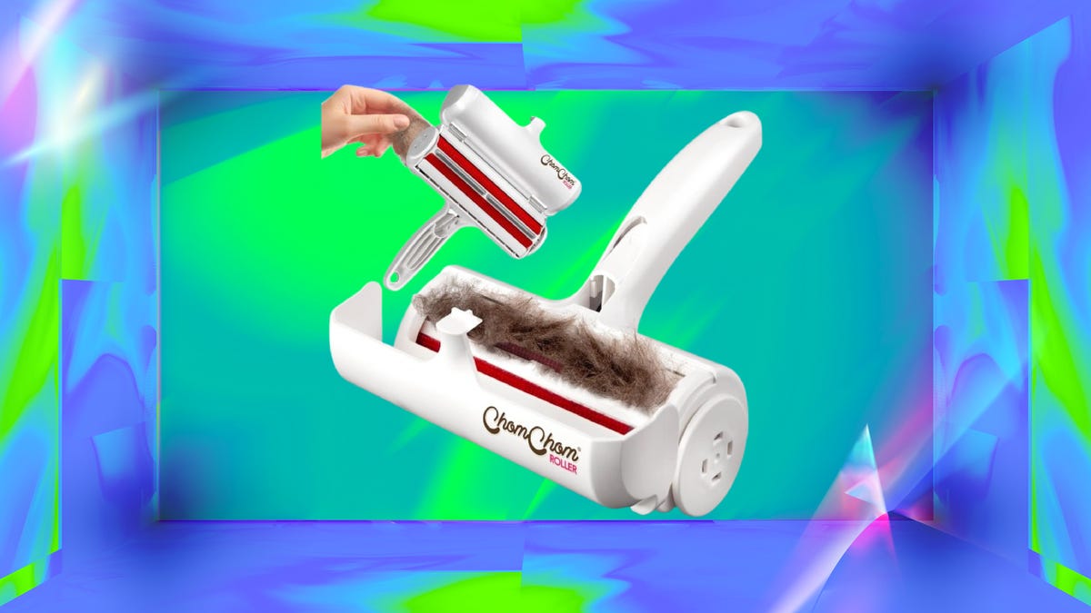 Chom Chom pet roller on red CNET background