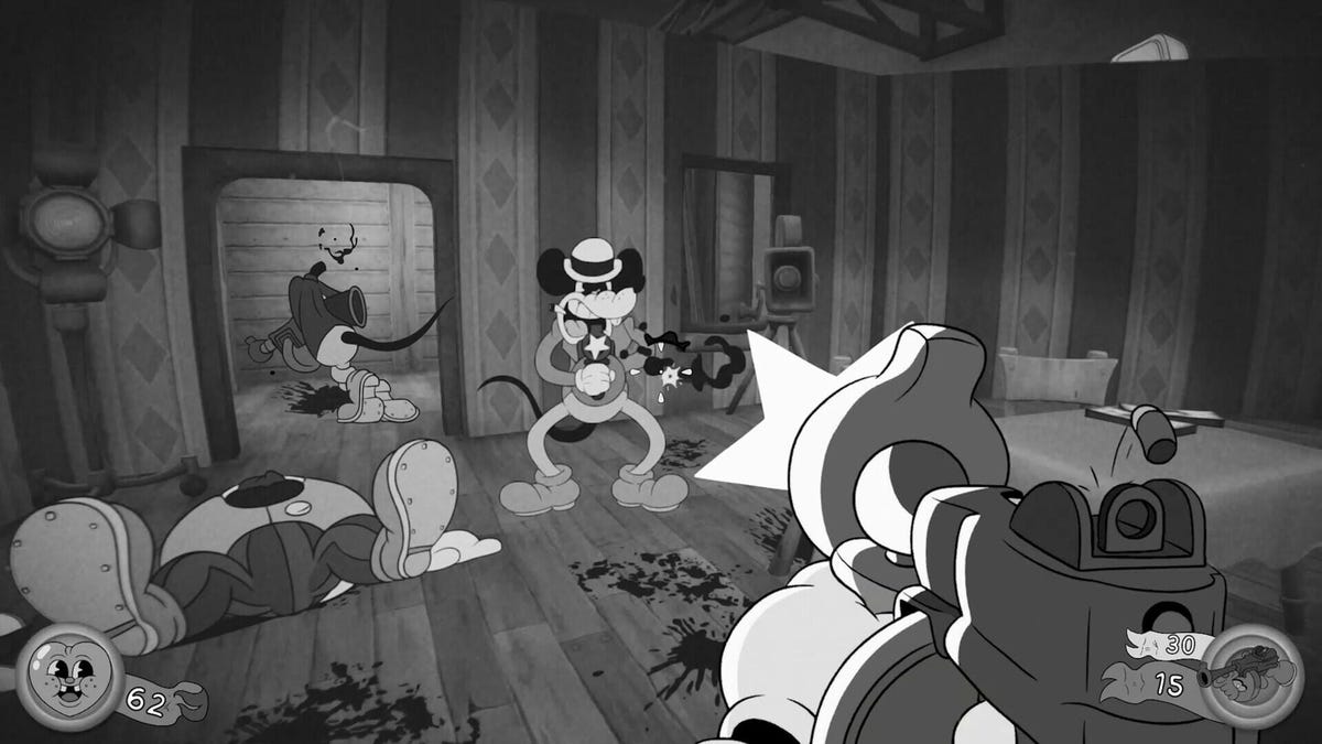 A black-and-white screenshot of a first-person shooter game where the player shoots a cartoon mouse with a tommy gun.