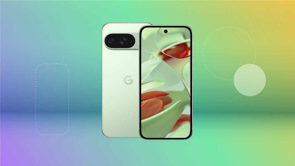 A green Pixel 9 phone against a green gradient CNET background.