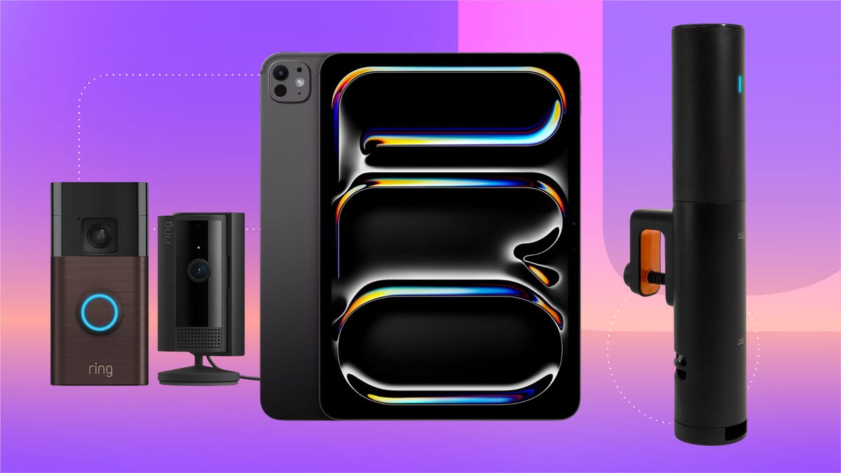 A doorbell camera, and indoor camera, an iPad Pro and a sous vide are shown against a gradient purple, peach and pink CNET background.