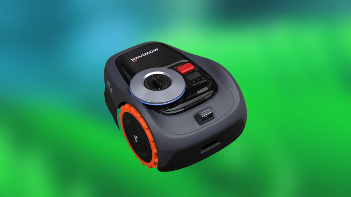 Segway black and orange robot lawn mower displayed against an abstract green background with gradient blue accent