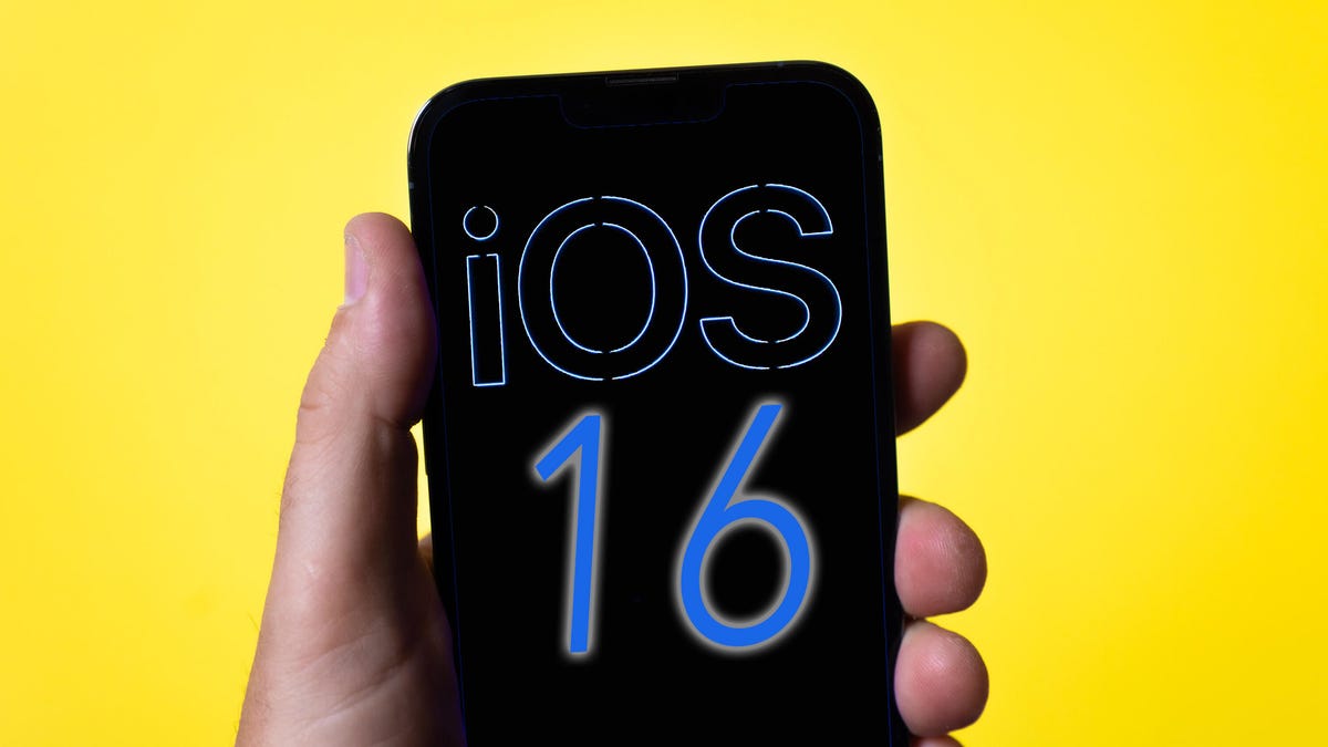 iOS 16 logo shown on an iPhone with a yellow background