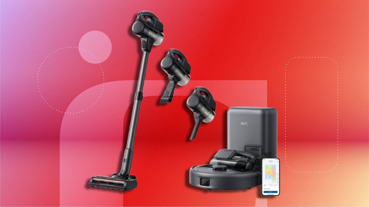 Collection of smart cleaning devices including a cordless stick vacuum in multiple configurations, a eufy robotic vacuum with HomeBase docking station and a smartphone showing app control. Set against a red and pink gradient background.