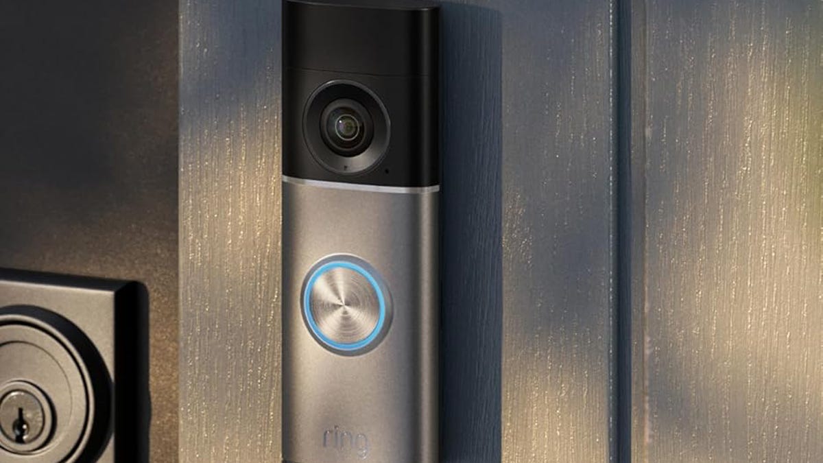 Ring's 4K doorbell on a wood slat.