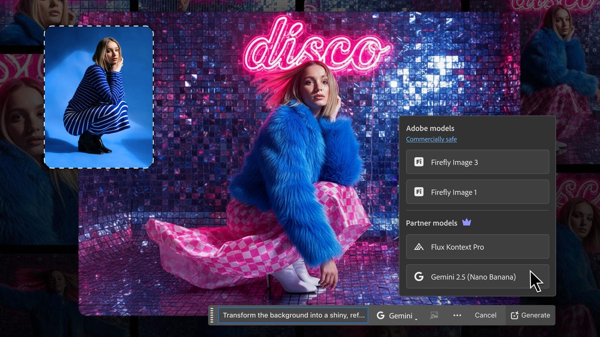 a Photoshop project showing a woman below a neon sign and a mouse cursor highlighting the new AI models available