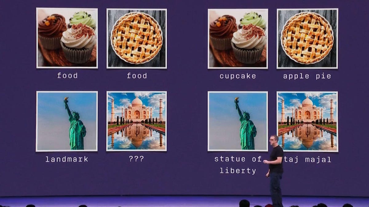 Facebook's use of Instagram hashtags lets it train AI systems that are much better at identifying subjects in photos. Here, CTO Mike Shroepfer shows some examples at F8.