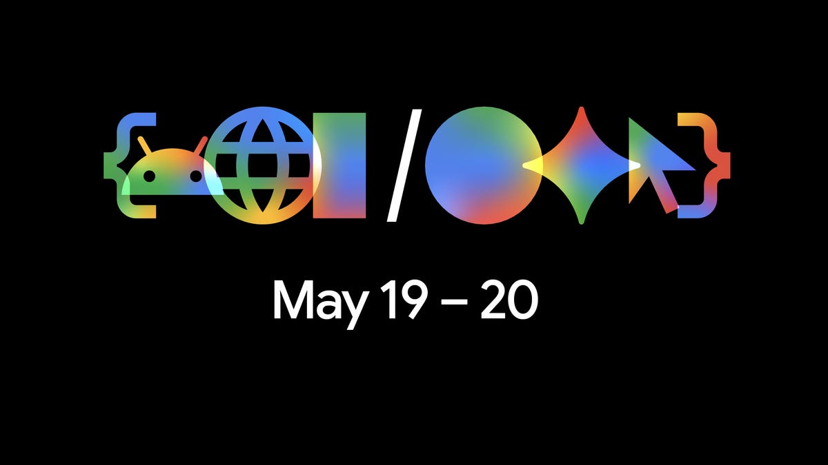 A row of rainbow-colored digital computing icons that roughly resemble the Google logo, along with the dates "May 19-20"