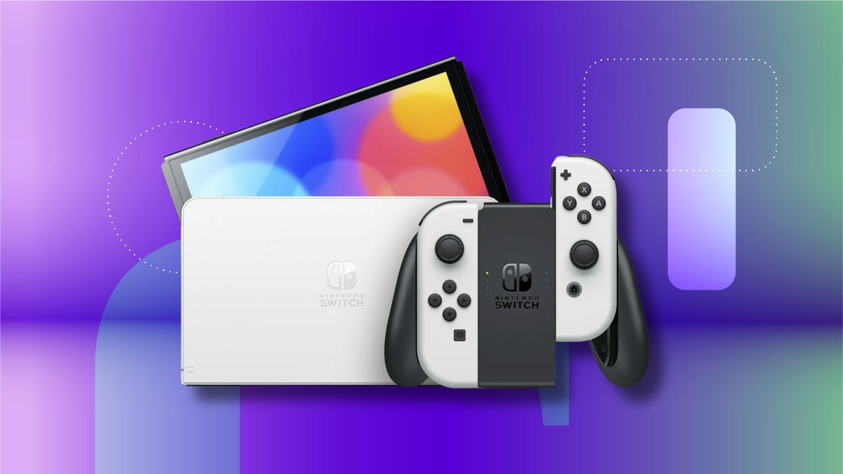 The Nintendo Switch OLED is displayed against a gradient blue background.