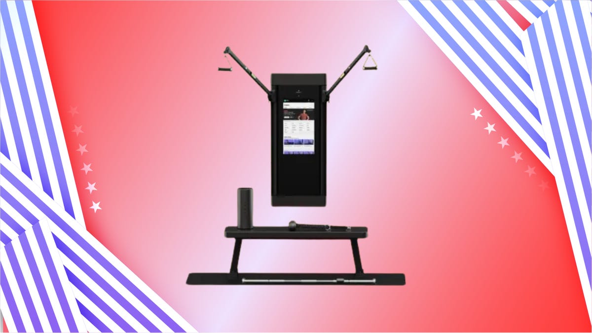 The Tonal 2 strength and cardio system is displayed against a red, white and blue background.