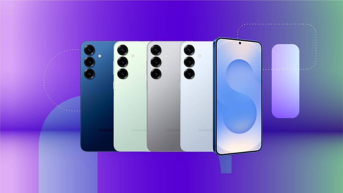 Four color variants of the Galaxy S25 phone against a purple gradient CNET background.