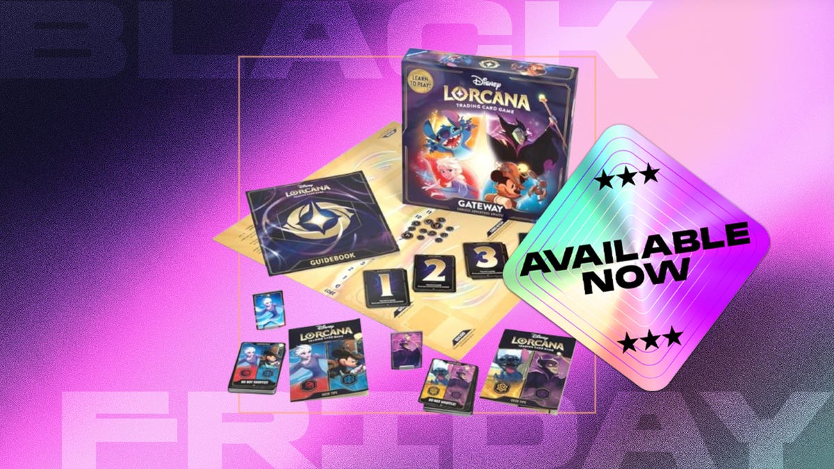 Board game with cards, box and instructions against purple background.