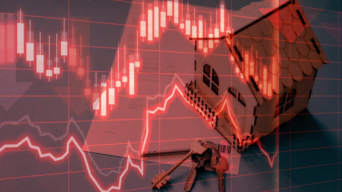 Real estate graphic with interest rate trends lines over a house