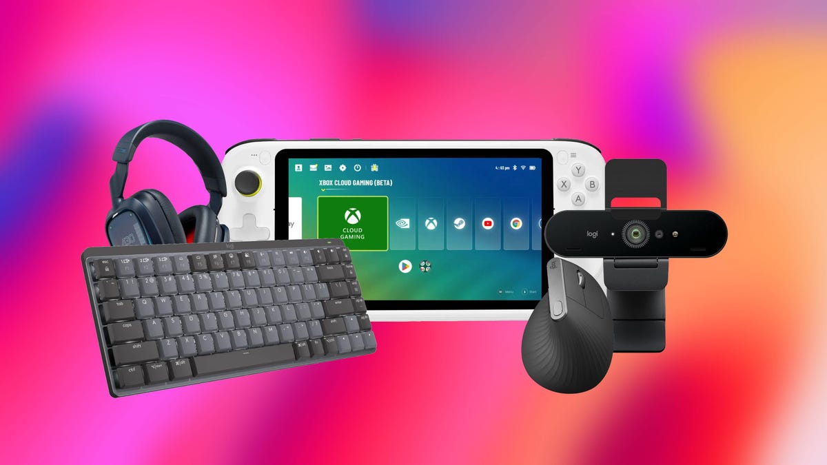 A Logitech headset, keyboard, mouse, webcam and G Cloud handheld console against an abstract pink, red and orange background.