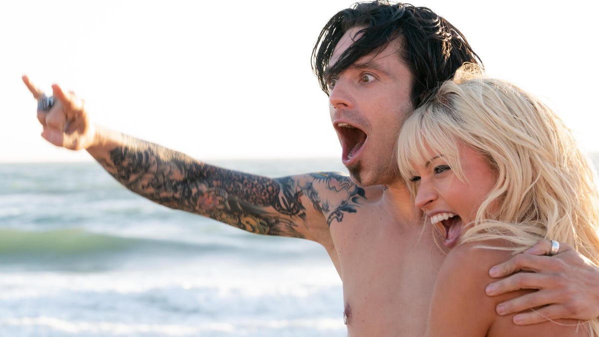 Lily James and Sebastian Stan are Pamela Anderson and Tommy Lee in Pam and Tommy on Hulu.