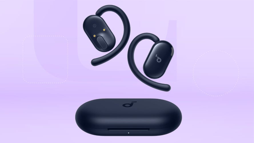 The Anker Soundcore V20i with a lilac background